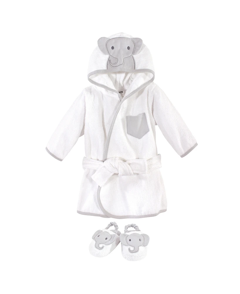 Hudson Baby Baby Boys Cotton Animal Face Bathrobe and Slippers 2pc, Modern Elephant, 0-9 Months