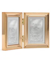 Polished Metal Hinged Double Picture Frame - Bead Border Design, 2.5" x 3.5" - Gold