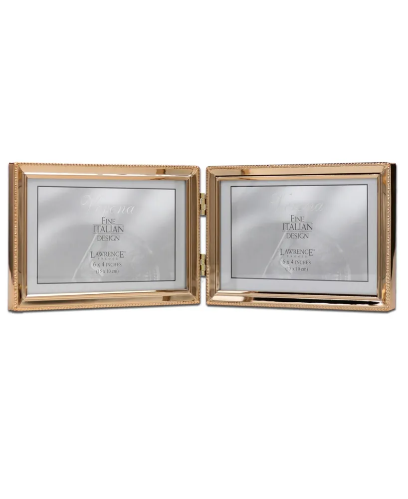 Polished Metal Hinged Double Picture Frame - Bead Border Design, 6" x 4" - Gold