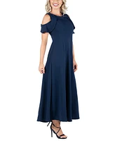 24seven Comfort Apparel Ruffle Cold Shoulder A Line Maxi Dress