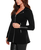 Belldini Black Label Women's Faux-Leather Collared Sweater Jacket