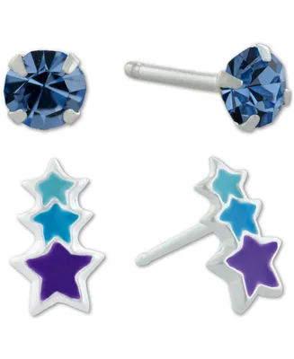 Giani Bernini 2-Pc. Set Crystal Solitaire & Enamel Star Stud Earrings in Sterling Silver, Created for Macy's