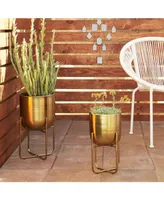 Contemporary Style Large Round Metallic Planters in Stands