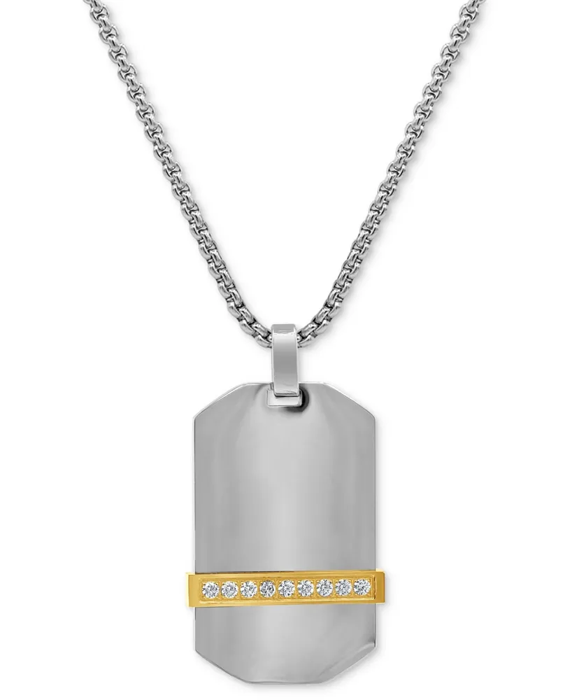 Men's Cubic Zirconia Dog Tag 24" Pendant Necklace in Stainless Steel & Yellow Ion-Plate - Two