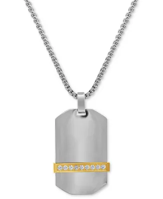 Men's Cubic Zirconia Dog Tag 24" Pendant Necklace in Stainless Steel & Yellow Ion-Plate - Two