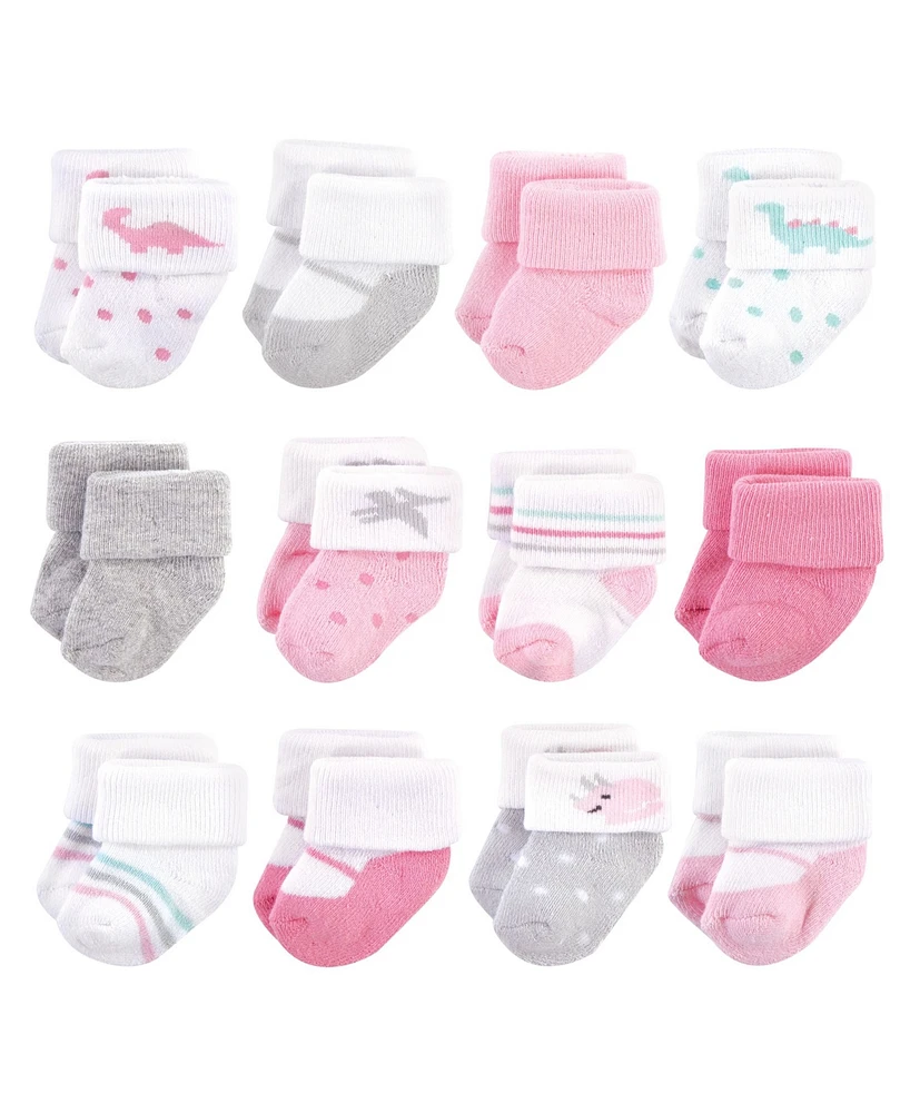 Hudson Baby Baby Girls Cotton Rich Newborn and Terry Socks Dino, 0-3 Months