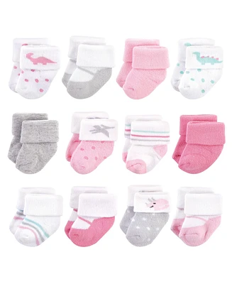 Hudson Baby Baby Girls Cotton Rich Newborn and Terry Socks Dino, 0-3 Months