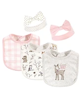 Hudson Baby Infant Girl Cotton Bib and Headband Set 5pk, Enchanted Forest, One Size