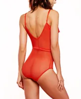 Women's Open Cup Mesh with Ribbon Tie Lingerie Bodysuit