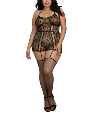 Dreamgirl Women's Plus Size Lace Garter Lingerie Dress with Criss-Cross Details and Fishnet Stockings