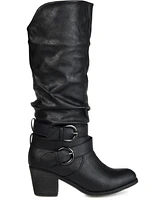 Journee Collection Women's Late Wide Calf Rouched Buckle Mid Shaft Block Heel Boots