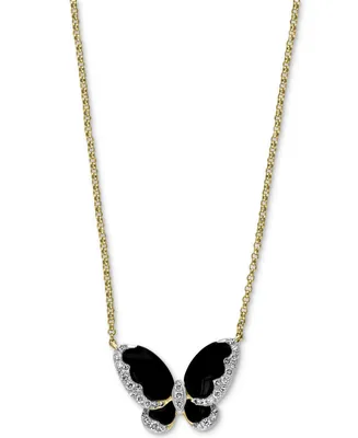 Effy Diamond (1/5 ct. t.w.) & Onyx (3-1/2mm, 4-1/2mm) Butterfly 18" Pendant Necklace In 14k Gold