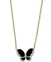 Effy Diamond (1/5 ct. t.w.) & Onyx (3-1/2mm, 4-1/2mm) Butterfly 18" Pendant Necklace In 14k Gold