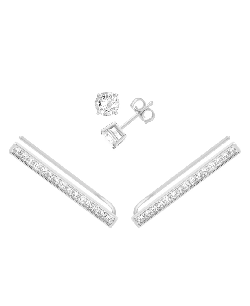 And Now This Cubic Zirconia Stud & Pave Bar Climber Earring in Silver Plate
