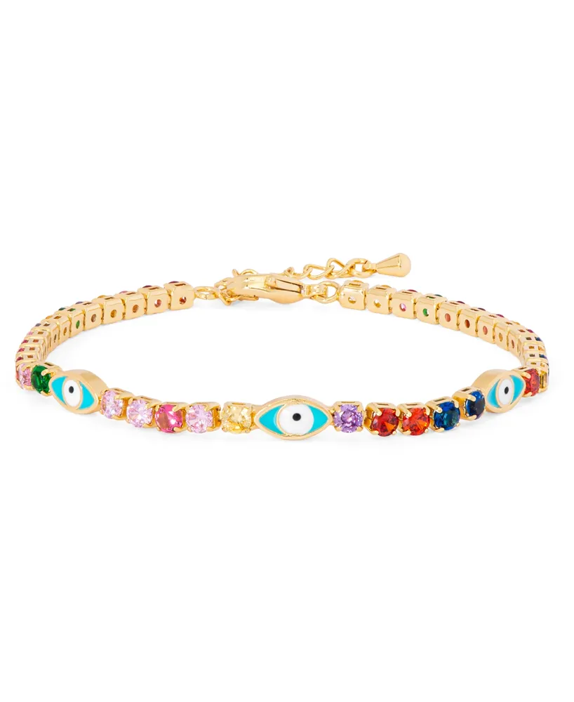 Multi Color Stone Enamel Evil Eye Bracelet in Gold Plate