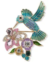 Anne Klein Gold-Tone Crystal Hummingbird & Flower Pin