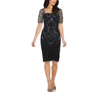 Papell Studio Mesh-Sleeve Beaded Dress