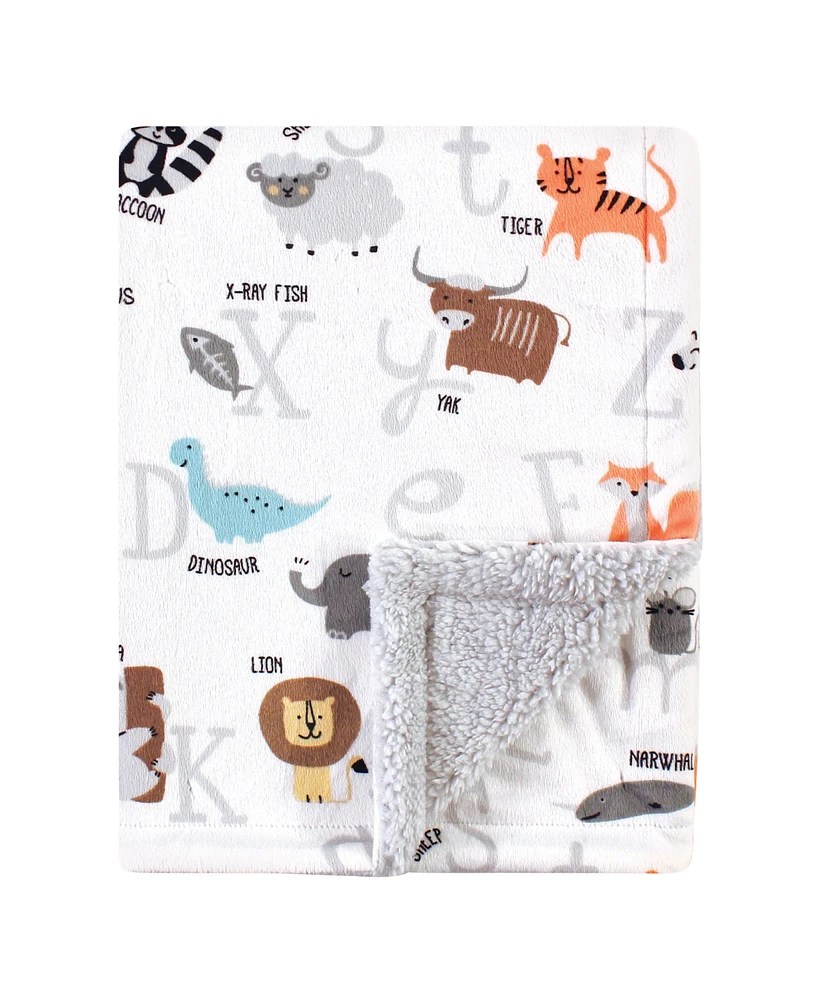 Hudson Baby Infant Plush Blanket with Faux Shearling Back, Alphabet Animals, One Size