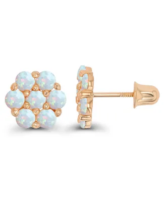 Created White Opal Round Flower Screwback Earrings Sterling Silver (Also 14k Gold Over or Rose Silver)