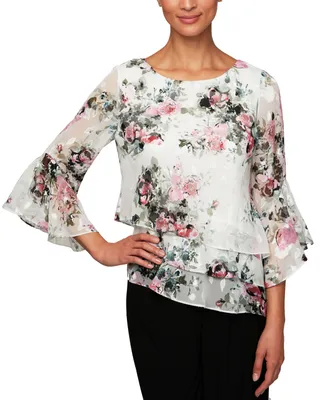 Alex Evenings Floral-Print Asymmetrical-Hem Bell-Sleeve Tiered Top