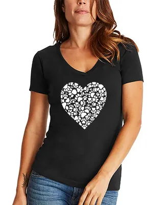 Women's Word Art Paw Prints Heart V-Neck T-Shirt