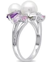 Cultured Freshwater Pearl (6-1/2 & 7-1/2mm) Multi-Gemstone (1-3/8 ct. t.w.) Cluster Ring Sterling Silver