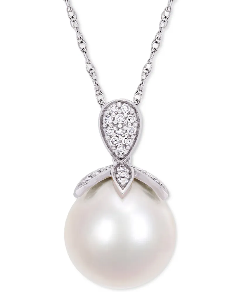 Cultured Freshwater Pearl (11mm) & Diamond (1/10 ct. t.w.) 17" Pendant Necklace in 10k White Gold