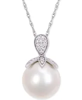Cultured Freshwater Pearl (11mm) & Diamond (1/10 ct. t.w.) 17" Pendant Necklace in 10k White Gold