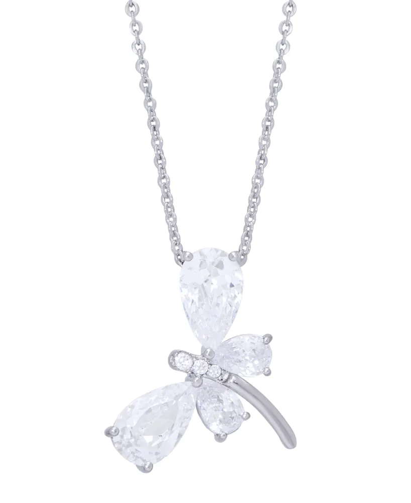 Cubic Zirconia Dragonfly Pendant 18" Necklace in Silver Plate