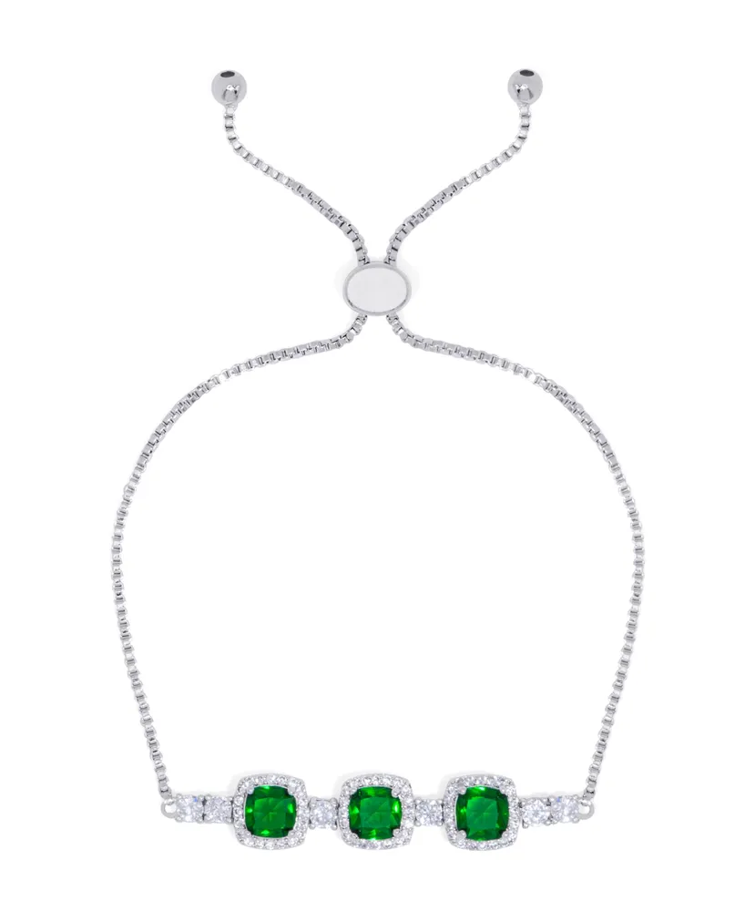 Simulated Emerald/Cubic Zirconia Cushion Adjustable Bolo Bracelet in Silver Plate