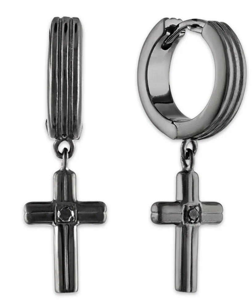 Esquire Men's Jewelry Diamond Accent Cross Drop Hoop Earrings in Black Ruthenium, Created for Macy's
