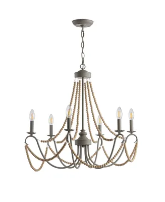 Rustica 6-Light 27" Adjustable Greige, Wood Bead Led Chandelier