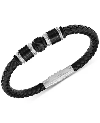 Men's Beaded Black Leather Bracelet in Stainless Steel & Black Ion-Plate