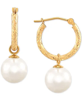 Cultured Freshwater Pearl (9mm) Dangle Hoop Earrings in 14k Gold