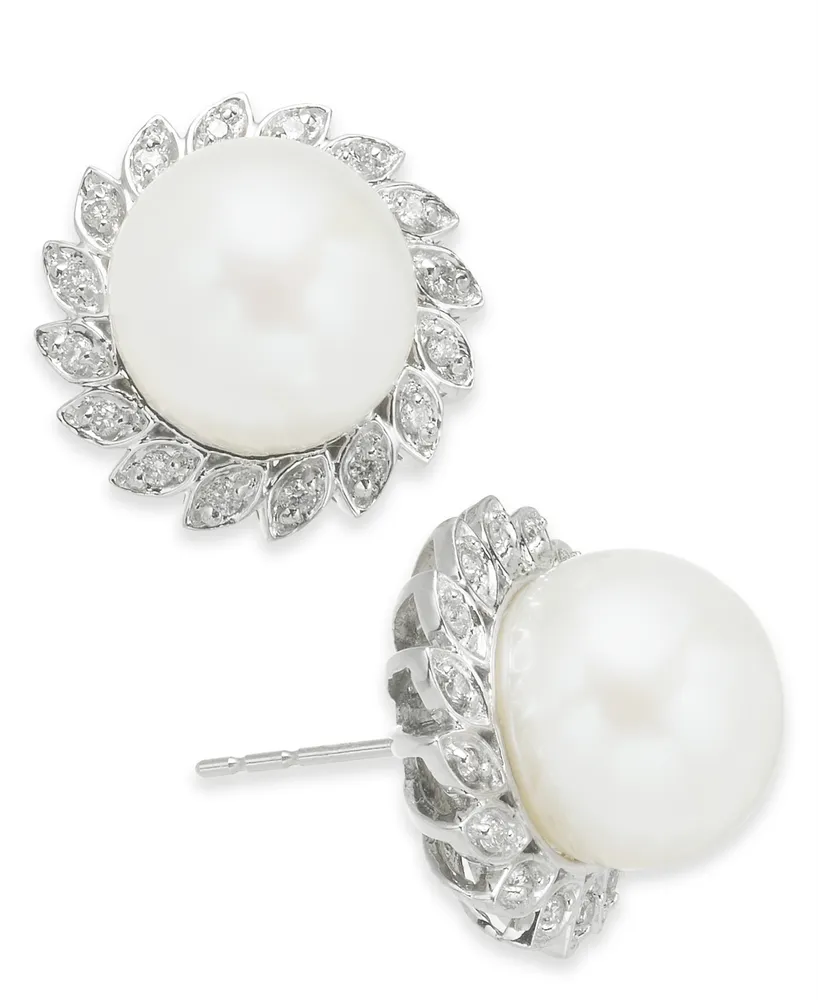 Cultured Freshwater Pearl (10mm) & Diamond (1/4 ct. t.w.) Halo Stud Earrings in 10k White Gold
