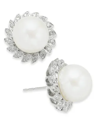 Cultured Freshwater Pearl (10mm) & Diamond (1/4 ct. t.w.) Halo Stud Earrings in 10k White Gold
