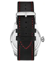 Men's Quartz Black Genuine Leather with Red Contrast Stitching Strap Watch 44mm