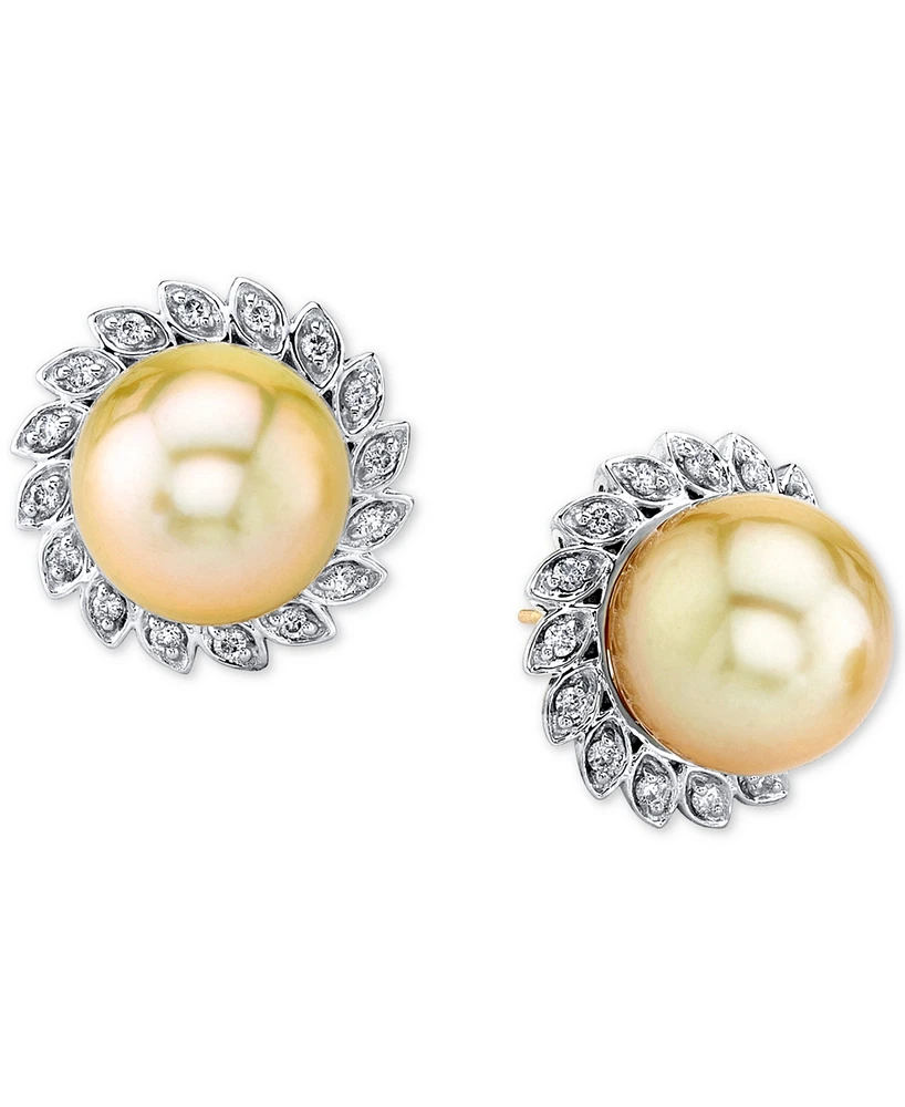 Cultured Golden South Sea Pearl (10mm) & Diamond (1/4 ct. t.w.) Stud Earrings in 10k Gold