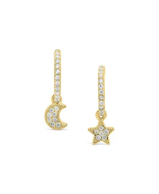 Women's Sterling Silver Moon Star Cubic Zirconia Gold Plated Micro Hoop Earrings - Gold