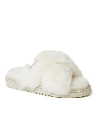 Fireside By Dearfoams Women's New Castle Genuine Shearling Cross Band Slides