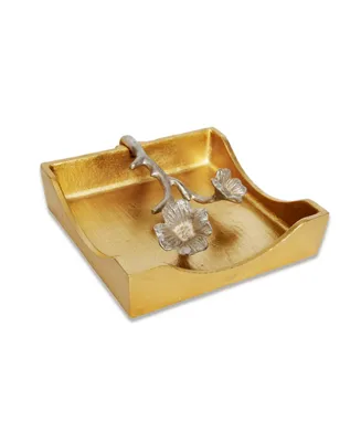 Classic Touch 7"D Gold Square Napkin Holder With Silver Leaf Design