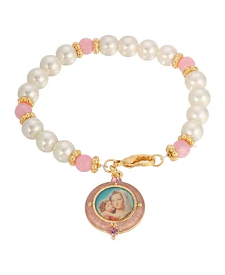 14K Gold-Dipped Imitation Pearl Mary and Child Image Charm Bracelet