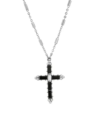Pewter Black Clear Crystal Cross Necklace