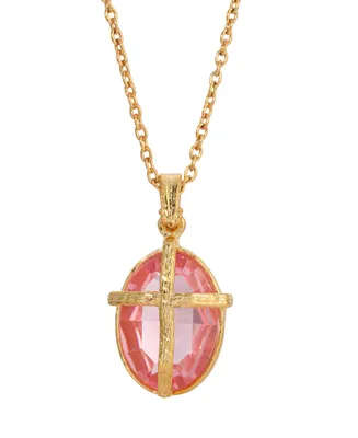 14K Gold Dipped Light Pink Oval Stone Crystal Cross Necklace