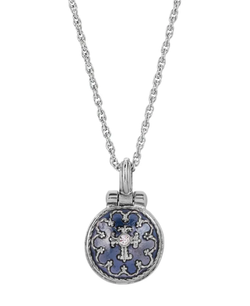 Silver-Tone Blue Enamel Cross Pendant Enclosed Virgin Mary Necklace