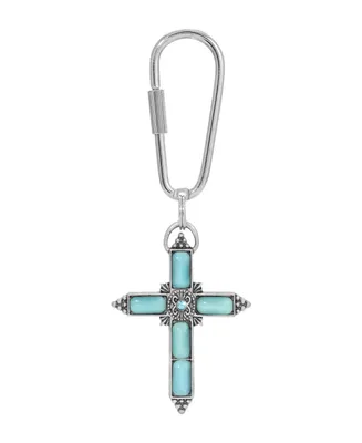 Silver-Tone Aqua Moonstone Aqua Crystal Cross Key Chain