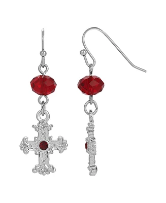 Silver-Tone Red Crystal Cross Drop Earrings