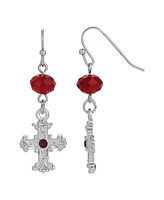 Silver-Tone Red Crystal Cross Drop Earrings