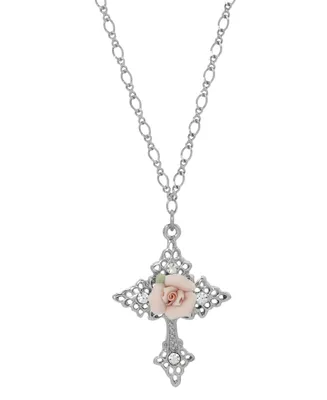 Silver-Tone Crystal Porcelain Rose Cross Pendant Necklace