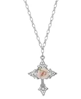 Silver-Tone Crystal Porcelain Rose Cross Pendant Necklace